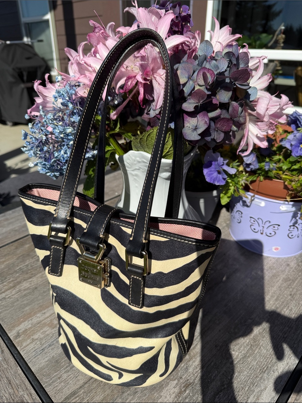 Dooney & Bourke Black and Cream Zebra-Print Leather Tote